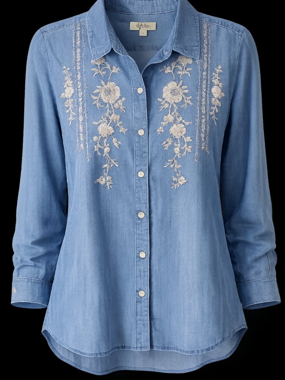Style & Co Chambray Embroidered Button Front Shirt Small Blue Lyocell Floral